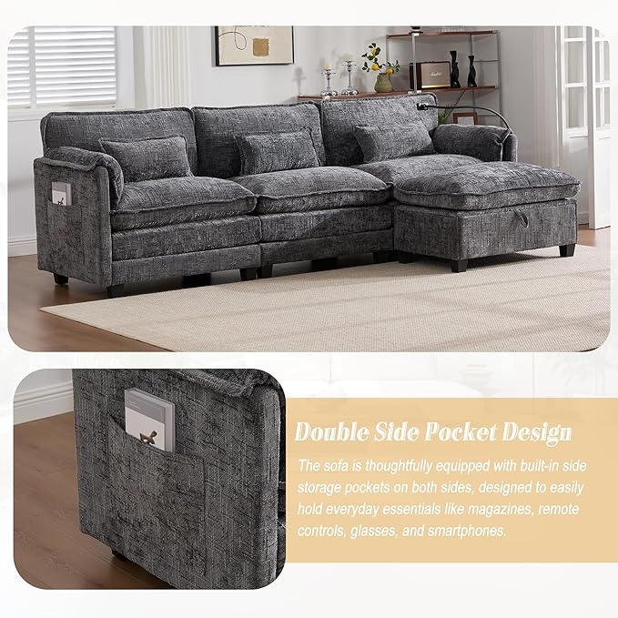 KEIKI 110" L-Shaped Boucle Modular Sectional Chenille Sofa with 1 Ottoman & Memory Foam Cushion & Phone Holder & USB, Upholstered Modern Oversized 4-Seater Couch, Easy Assembly, for Living Room, Gray