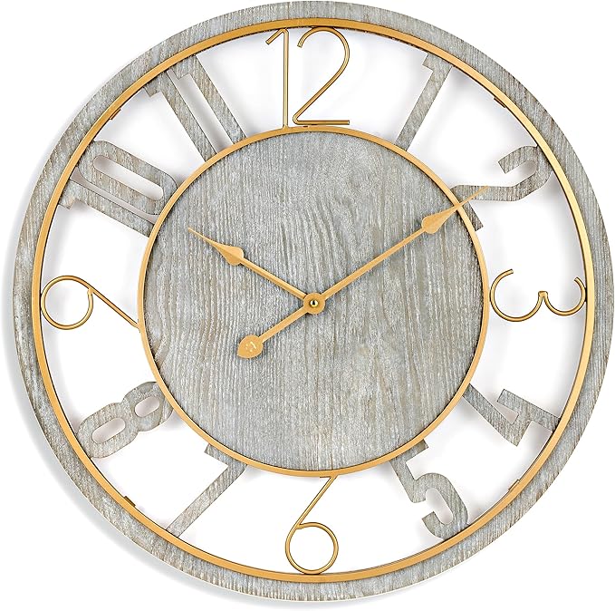 Sorbus 24-Inch Large Wall Clock – Wooden Decorative Clock for Living Room, Kitchen, Bedroom, Office – Easy to Hang Analog Wall Art (Grey)
