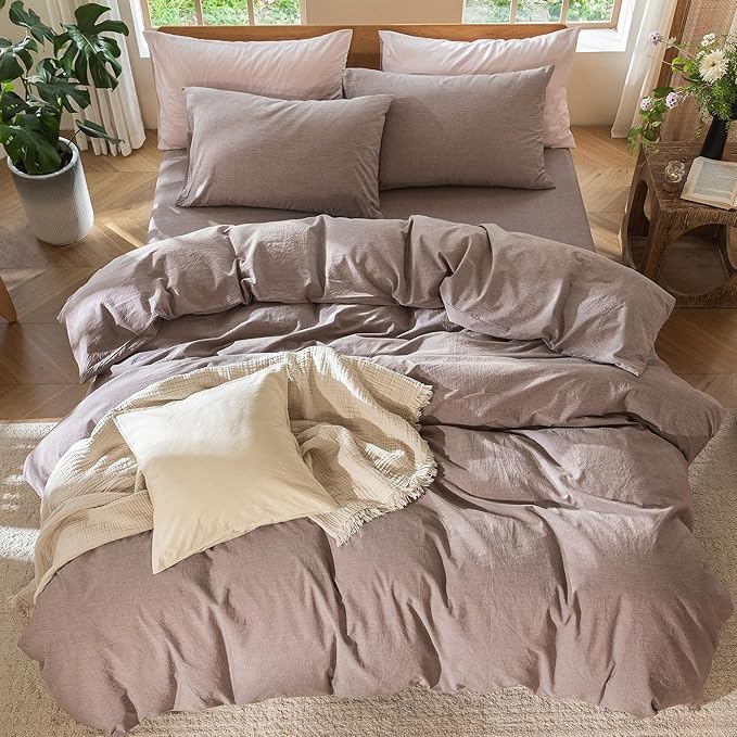 MooMee Bedding Duvet Cover Set 100% Washed Cotton Linen Like Textured Breathable Durable Soft Comfy (Heathered Mauve Brown, Super King Plus 120"x120")