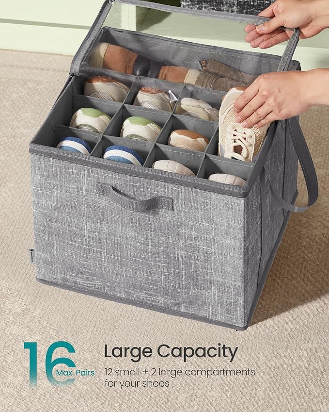 SONGMICS Set of 2 Shoe Organizers for Closet, Fits 16 Pairs Each, Shoe Storage Bins, Fabric Containers with Handles and Clear Cover, for Bedroom, Entryway, Closet, Cattail Gray ULSP602G01