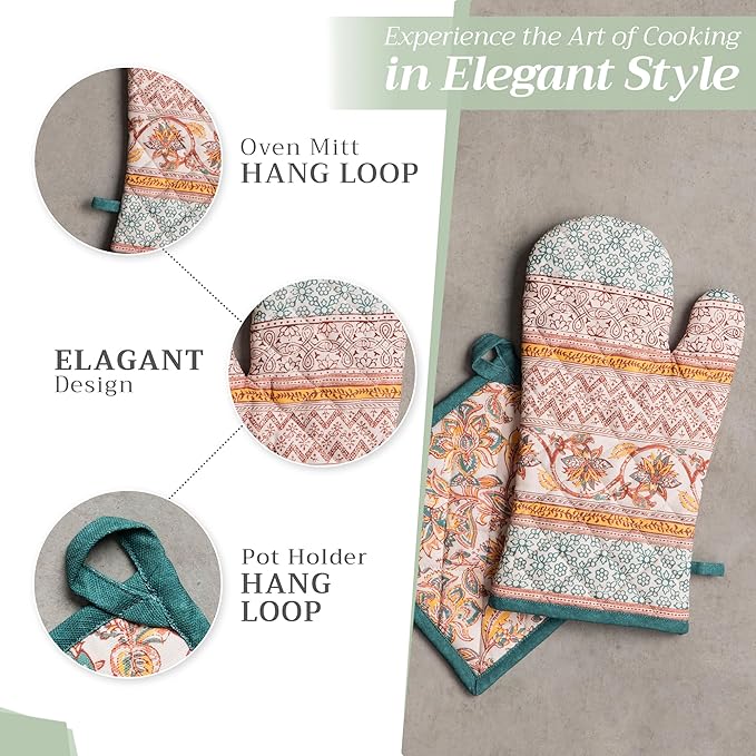 Maison d' Hermine 100% Cotton Oven Mitt & Pot Holder Set (7.5"x13" & 8"x8") Heat Resistant BBQ Cooking Gloves with Loop for Thanksgiving Christmas Decorations Handling Hot Pans (Nila)