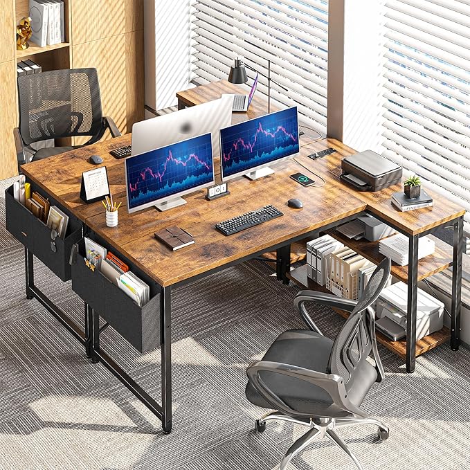 EnHomee 48 Inch L Shaped Gaming Desk, Computer Desk with Storage Shelves & Side Bag, Office Desk with Power Outlets, Small Corner Desk for Small Space Home Office Bedroom, Study Writing Table, Brown