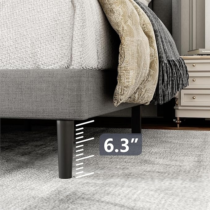 Twin Bed Frames with Wingback Headboard, Upholstered Platform Beds, No Box Spring Needed Sturdy Wooden Slat Support, Easy Assemble, Light Gray