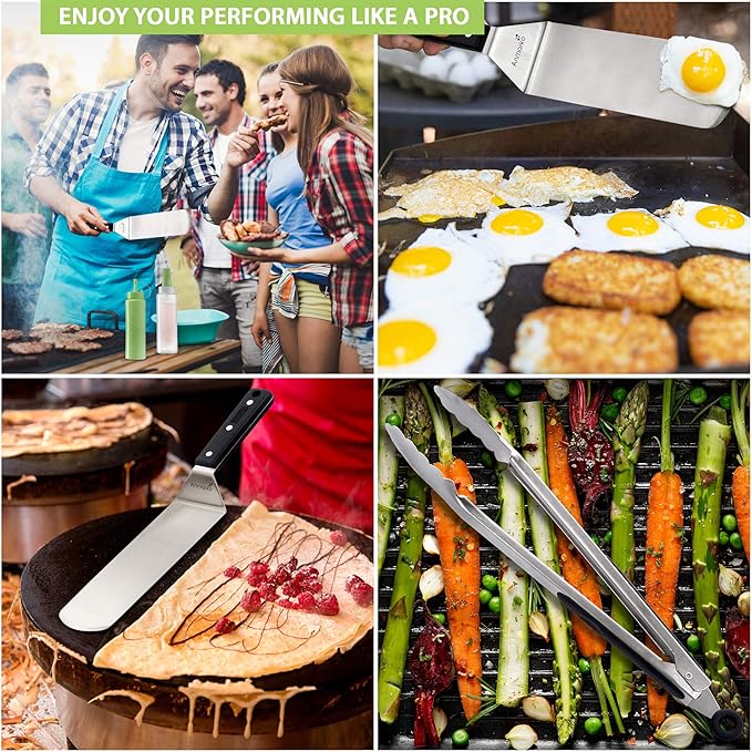 Anmarko Metal Spatula Set Stainless Steel and Scraper - Professional Chef Griddle Spatulas Set of 6 - Heavy Duty Accessories Great for Cast Iron BBQ Flat Top Grill