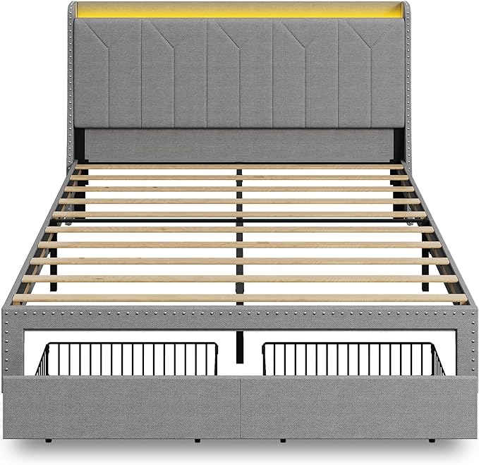 WLIVE Queen Size Upholstered Bed Frame with 2 Drawers, Linen Tufted Storage Headboard with Charging Ports and LED Light, Sturdy Metal & Wooden Slats Support, No Box Spring Needed, Light Grey