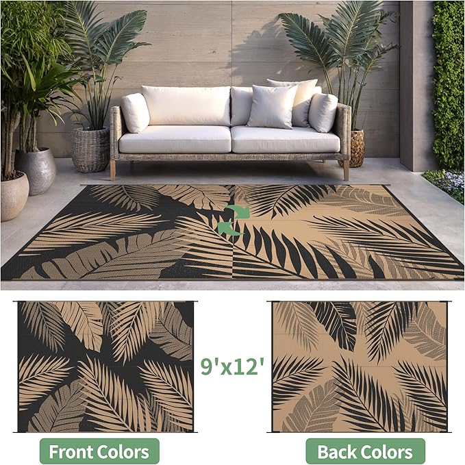 Outdoor Rug 9’x12’ Waterproof for Patio Clearance, Reversible Indoor Outdoor Plastic Straw Camping Rug Carpet, RV Mat, Large Area Rug for Deck, Backyard, Balcony, Porch, Beach, Black & Brown