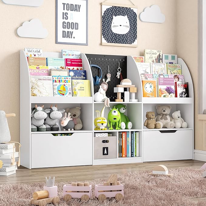 Toy Storage Organizer, Kids Book Shelf and Toy Organizer, 67" Toy Organizers and Storage with Movable Drawers, Playroom Organization and Kids Reading Nook with 5 Storage Cubbies, White