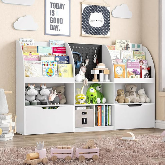 Toy Storage Organizer, Kids Book Shelf and Toy Organizer, 67" Toy Organizers and Storage with Movable Drawers, Playroom Organization and Kids Reading Nook with 5 Storage Cubbies, White