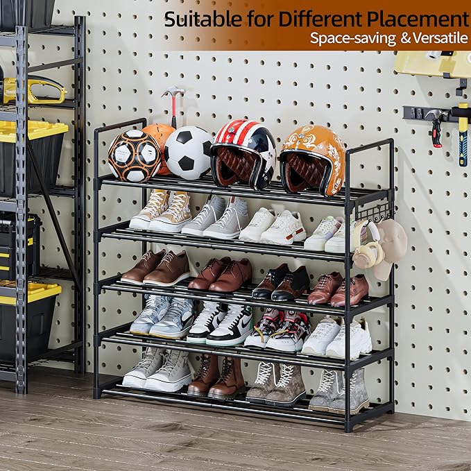 Metal Shoe Rack - 5-Tier Shoe Organizer with Adjustable Shelf Height, Sturdy Shoe Storage Shelf, Perfect for Front Door Entrance, Closet & Entryway, Easy to Assemble, DIY Layering Options (L - 5 Tier)
