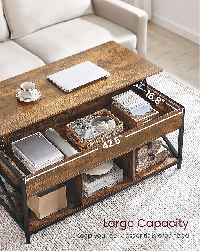 VASAGLE Lift Top Coffee Table, Lift Coffee Table with Storage Shelf, Hidden Compartments and Lifting Top, for Living Room, Office, 19.7 x 47.2 x (19.3-24.4) Inches, Rustic Brown and Black ULCT212B01