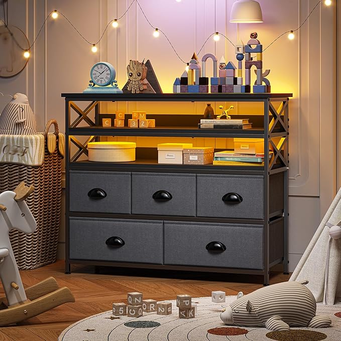 Dresser TV Stand for 50" TV, Sturdy Dresser for Bedroom with 5 Fabric Drawers and 3 Wood Open Shelves, Chest of Drawers Storage Dressers for Entryway, Closet, Grey, 11.8" D x 39.4" W x 38.4" H