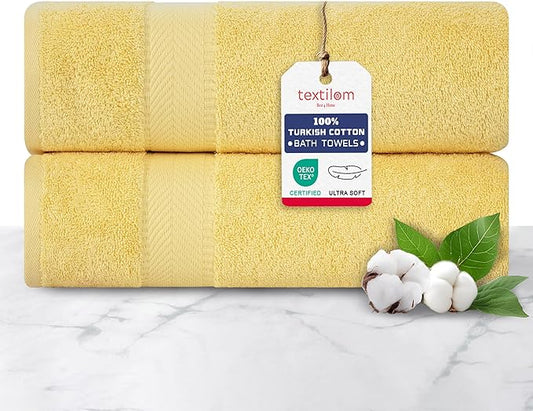 TEXTILOM 100% Turkish Cotton 2 Pcs Bath Towel Set, Luxury Bath Towels for Bathroom, Soft & Absorbent Hotel Quality Bathroom Towels Set (27 x 54 inches)- Yellow