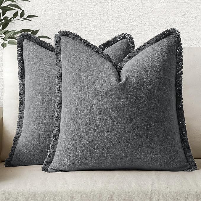 MIULEE Decorative Throw Pillow Covers Neutral Linen Fringe Throw Pillows Set of 2 Dark Grey Boho Farmhouse Cushion Covers with Tassels for Couch Sofa Bed Living Room Spring Home Decor 18x18 Inch