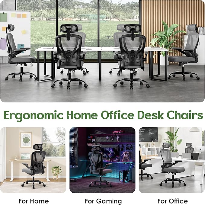 Office Chair Ergonomic Desk Chair - Mesh High Back Office Chair with Headrests Wheels Lumbar Support Home Desk Office Chairs Flip up Armrest Executive Rolling Swivel Task Computer Chair Gray