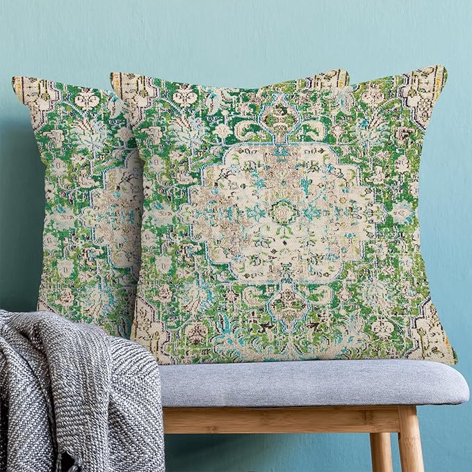 Boho Pillow Covers 18x18 Set of 2, Carpet Pattern Green Decorative Throw Pillows Farmhouse Bohemian Cushion Pillow Covers for Sofa Couch Outdoor Decor