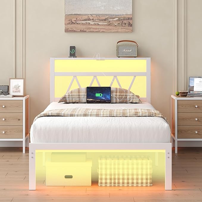 Full Bed Frame with Smart LED Lights, Storage Headboard and USB Charging Station,Heavy Duty Wooden Slats, No Box Spring Needed, Noise Free, Easy Assembly (Classic White, Twin)