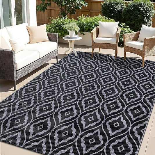 OLANLY Outdoor Rug 6x9 ft Waterproof, Outdoor Plastic Straw Rug with Geometric Pattern Clearance, Reversible RV Mat for Patio, Camping, Balcony, Deck, Backyard, Black & Grey