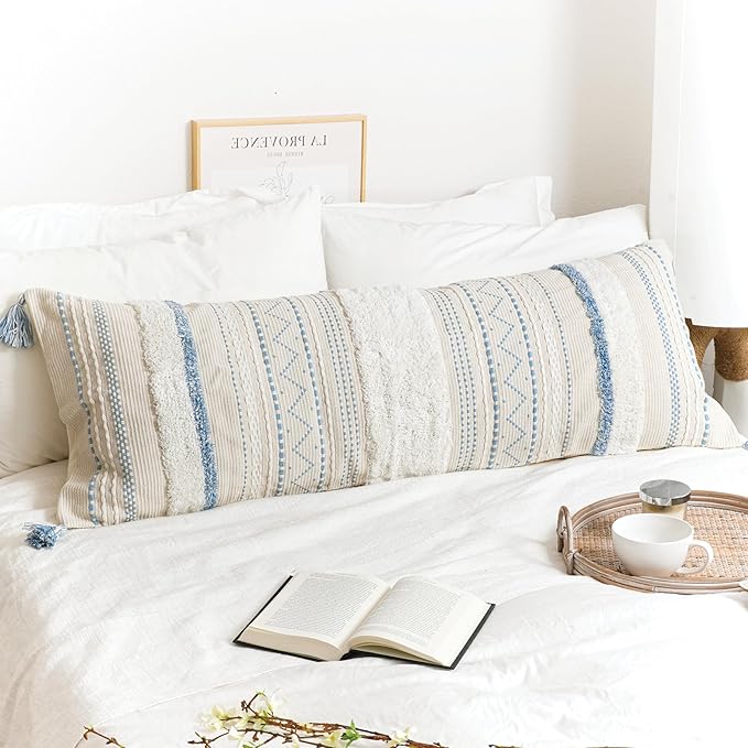 Large Body Pillow Cover for Bed 20x54 Coastal Blue Boho Accent Oversized Long Pillowcase for Bedroom Decorative Cushion Farmhouse Home Décor (Cover ONLY, Pack of 1)