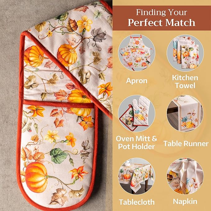 Maison d' Hermine Double Oven Mitt (7" x 35") 100% Cotton Heat Resistant BBQ Cooking Gloves with Loop for Thanksgiving Christmas Decorations Baking Cooking Barbeque Handling Hot Pan (Potiron)