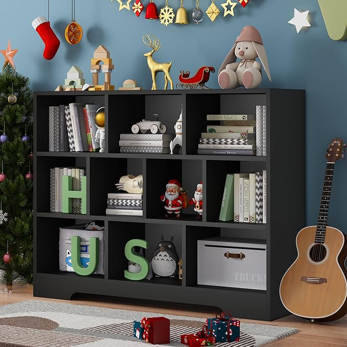 Kids Book Shelf Set of 2, 10 Cubes Storage Organizer Montessori Bookshelf, 3-Tier Wooden Kids Bookcase, Toy Storage Organizer for Children, Black Bookshelf Cube Shelf for Kid’s Room