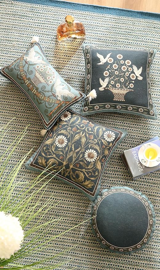 Green Throw Pillow Covers Set of 4,French Farmhouse with White Birds and Flowers Pattern Linen Pillowcases,Decorative Round Square Lumbar Pillows Cushion Covers for Couch Sofa Bed Chair