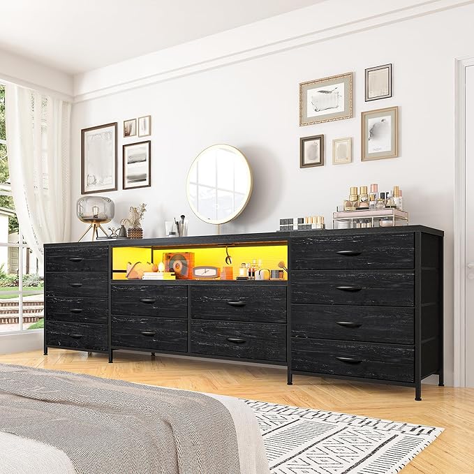 Fits 65,70 inch TV Stand Dresser 63" W TV Console for Bedroom with LED Lights & Power Outlets Black Chest of Drawers with 12 Long Fabric Dressers for Bedroom, Hallway or Closets Entertainment Center