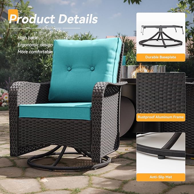 Kurapika 5 Pieces Patio Furniture Set, Rattan Wicker Outdoor Conversation Sets, 4 Woven Rattan Swivel Chairs w/48in Propane Fire Pit Table and Thickened Cushions, Blue