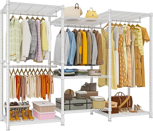 Raybee Heavy Duty Clothes Rack Load 900Lbs, Clothing Rack for Hanging Clothes for Bedroom 77" H x 69'' W x 16'' D,White