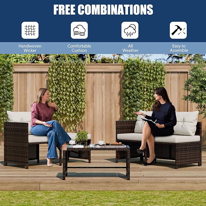 Vongrasig 3 Piece Patio Furniture Sets, All-Weather PE Wicker Outdoor Sofa Couch Sectional Set, Small Conversation Set for Garden/Patio w/Cushion, Glass Table, (Beige)