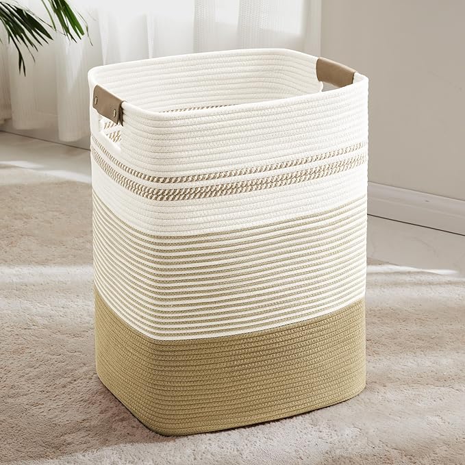 Laundry Hamper 85L Large Blanket Storage, Basket Blankets Living Room, Toys, Towel, Dirty Clothes in Bathroom, Bedroom, Tall Laundry Basket with Leather Handles, 17"x14"x22", Khaki