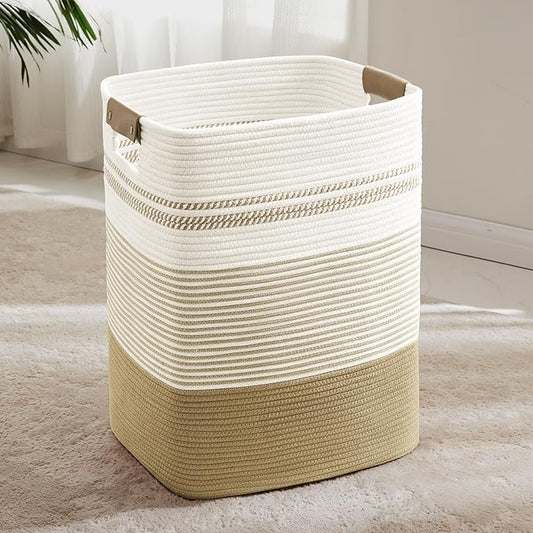 Laundry Hamper 85L Large Blanket Storage, Basket Blankets Living Room, Toys, Towel, Dirty Clothes in Bathroom, Bedroom, Tall Laundry Basket with Leather Handles, 17"x14"x22", Khaki