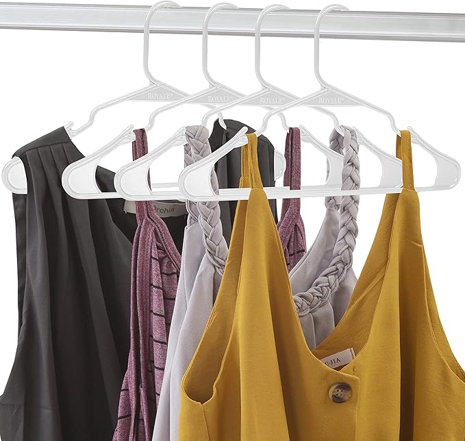 Royale Linens 60 Pack White Plastic Hangers for Clothes - Heavy Duty Clothes Hanger for Everyday Use - Lightweight & Space Saving Notched Plastic Hangers