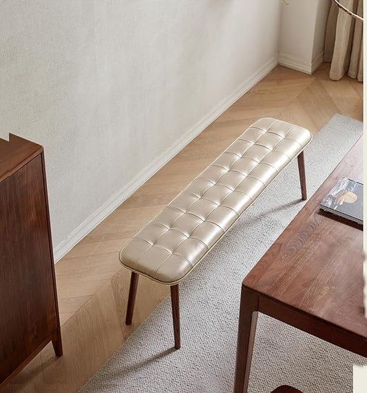 51.2'' Leather Upholstered Dining Bench with 100% Solid Oak Wood Bench Frame, Checkered Stitched Padded Cowhide Bed End Bench Ottoman for Kitchen Living Room Bedroom Entryway, Taupe