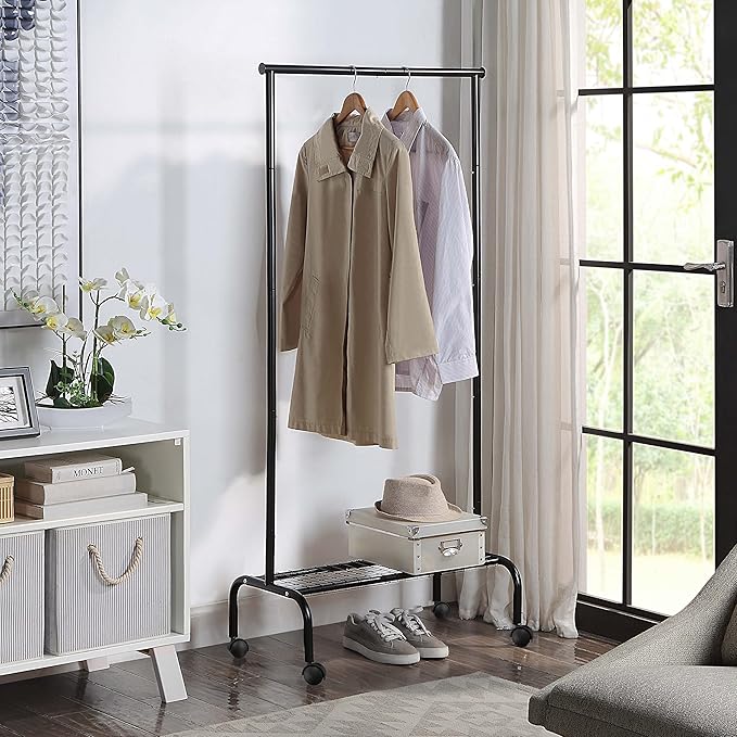 SunnyPoint Rolling Garment Rack with Shelf – Heavy-Duty Metal Clothing Rack on Wheels, 64.9” Tall Clothes Organizer with Bottom Storage, Black