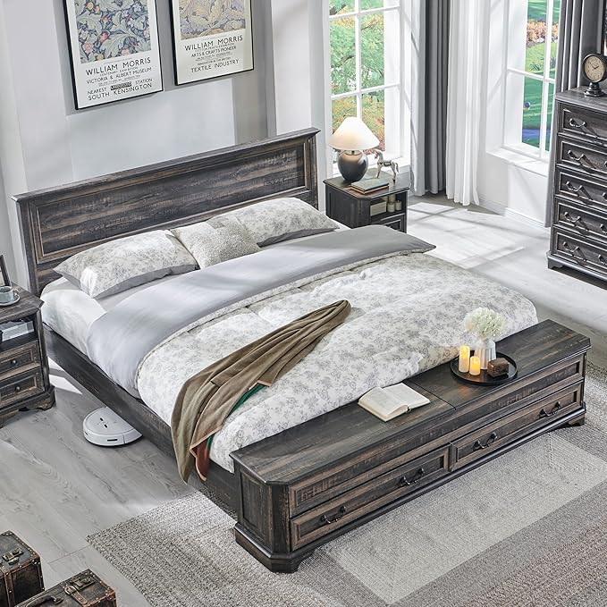 T4TREAM Farmhouse King Bed with Headboard and Storage Bench, Rustic Wood Platform Bed with 80" Storage Chest w/ 4 Large Drawer (Dark Rustic Oak)