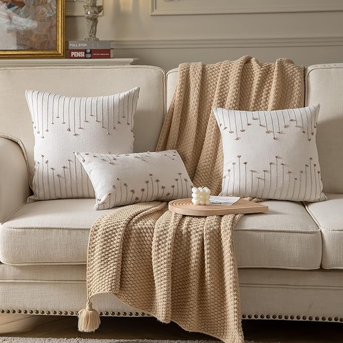 Boho Throw Pillow Covers 18x18 Set of 2 Decorative Pillows for Bed, Neutral Pillow Covers Beige with Tan Line Throw Pillows for Modern Farmhouse Couch Sofa Living Room Outdoor