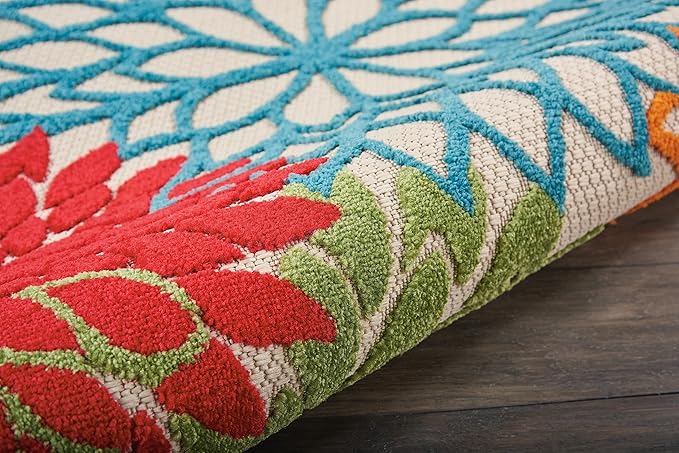 Nourison Aloha Indoor/Outdoor Green 5'3'' x Round Area-Rug, Tropical, Botanical, Easy-Cleaning, Non Shedding, Bed Room, Living Room, Dining Room, Deck, Backyard, Patio (5 Round)