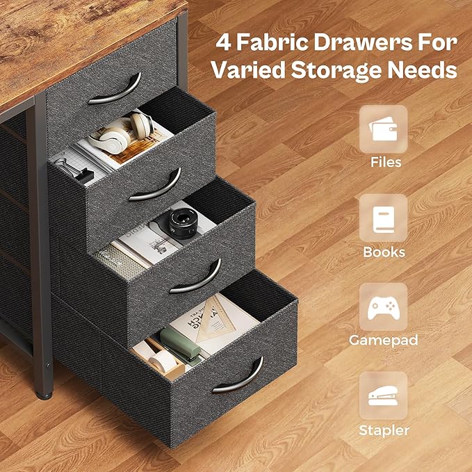 Huuger 55 inch Computer Desk with 4 Drawers, Gaming Desk with LED Lights & Power Outlets, Home Office Desk with Large Storage Space for Bedroom, Work from Home, Rustic Brown