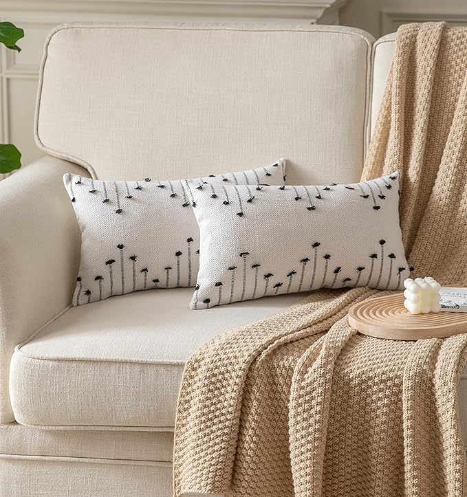 Boho Throw Pillow Covers 12x20 Set of 2 Decorative Pillows for Bed, Neutral Pillow Covers Beige with Black Line Throw Pillows for Modern Farmhouse Couch Sofa Living Room Outdoor