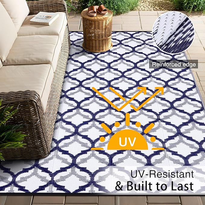 OLANLY Reversible Outdoor Rug 9x12 ft Clearance, Waterproof Outdoor Plastic Straw Rug with Interlacing Pattern, RV Mat for Patio, Camping, Balcony, Deck, Backyard, Navy & White