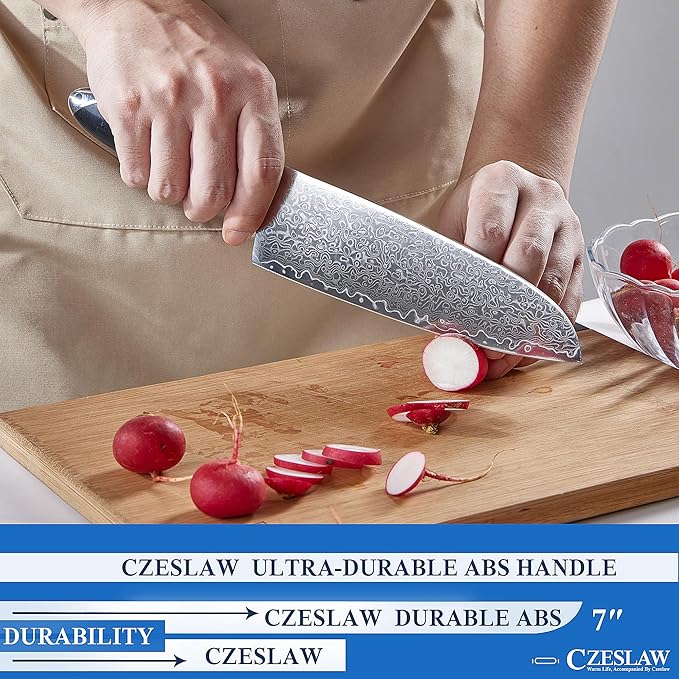 Chef's Knife, 7” Japanese Damascus Chefs Knife, Classic Light Kitchen Knife, Hand Forged Black Japanese chef knife, Professional Sharp Cooking Knife, Full Tang & Ergonomic ABS Handle Design