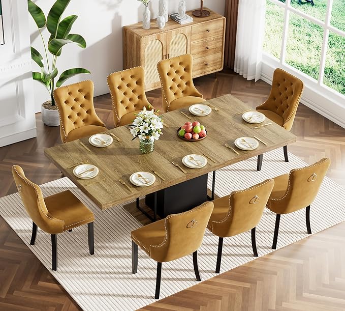 Goujxcy 78.7" Farmhouse Extendable Dining Room Table Set for 8, 9-Piece Rectangle Kitchen Dining Room Table Set with Wood Base and 8 Yellow Velvet Dining Chairs, Extending Kitchen & Dining Table Set