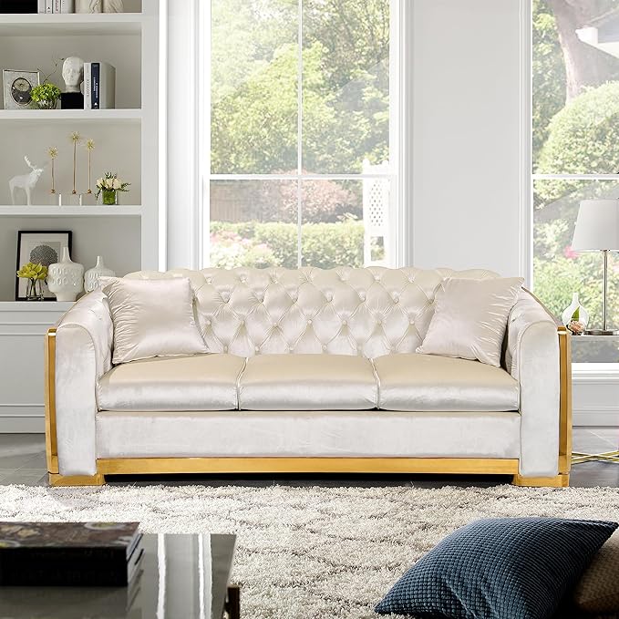 KEIKI 81" Luxury Oversized Velvet Chesterfield Sofa with Gold Stainless Decoration, Mid-Century Style 3-Seater Couch with Tufted Back and Rolled Arms, Easy Assembly, for Apartment, Living Room, Beige