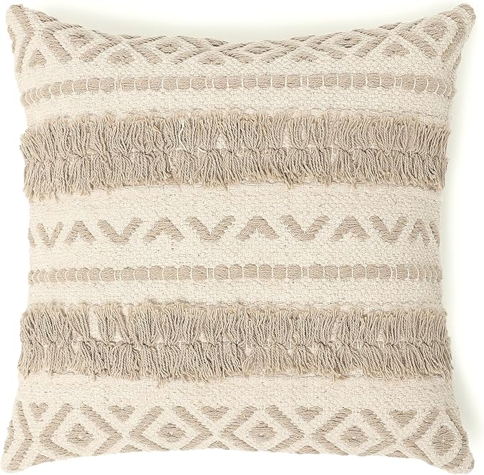 REDEARTH Handmade Boho Throw Pillow Covers - Bohemian Chic Farmhouse Style - Accent Woven Indoor and Outdoor Pillow Cushion Cases for Couch - Bed - Chair - Sofa - Benches – Set of 2-18"x18" - Taupe