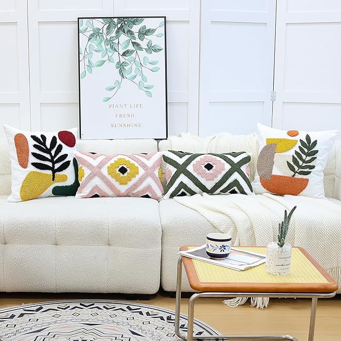 Boho Accent Pillow Covers 18x18- Tufted Abstract Modern Square Throw Pillow Covers, Farmhouse Decorative Pillowcase for Couch, Sofa, Bed, Living Room -Orange Beige Geometric Dark Green Leaf