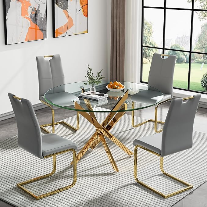 Goujxcy Round Dining Table Set for 4, Modern Glass Kitchen Table and Chairs Set of 4, 5 Piece Dining Room Table Set with 47" Circle Gold Metal Glass Dinner Table and 4 Grey Leather Dining Chairs