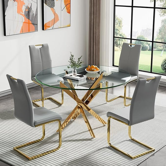 Goujxcy Round Dining Table Set for 4, Modern Glass Kitchen Table and Chairs Set of 4, 5 Piece Dining Room Table Set with 47" Circle Gold Metal Glass Dinner Table and 4 Grey Leather Dining Chairs