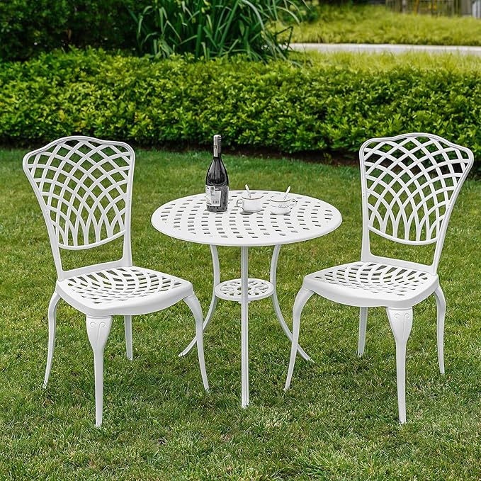 3 Piece Outdoor Bistro Set, Cast Aluminum Outdoor Bistro Table and Chairs Set of 2, Rust-Resistant Patio Furniture Set, White Bistro Set 3 Piece Outdoor for Garden, Backyard, Balcony