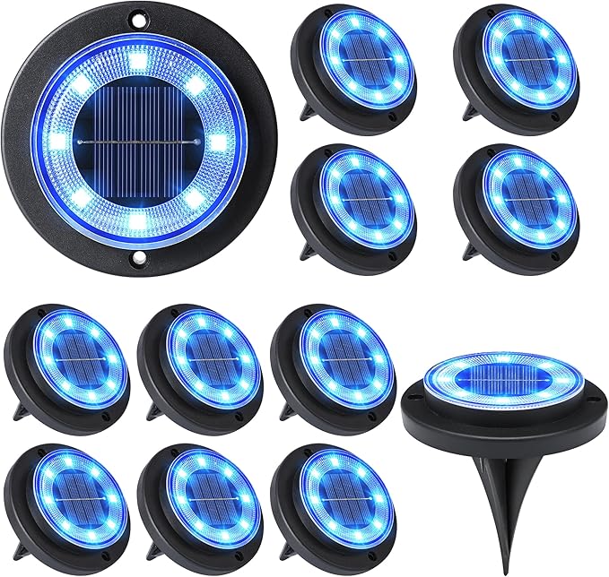 Flacchi Solar Ground Lights - Solar Powered Lights Outdoor Solar Disk Light Waterproof Landscape Light for Patio Yard Pathway Walkway Driveway (Blue, 12 Pack)