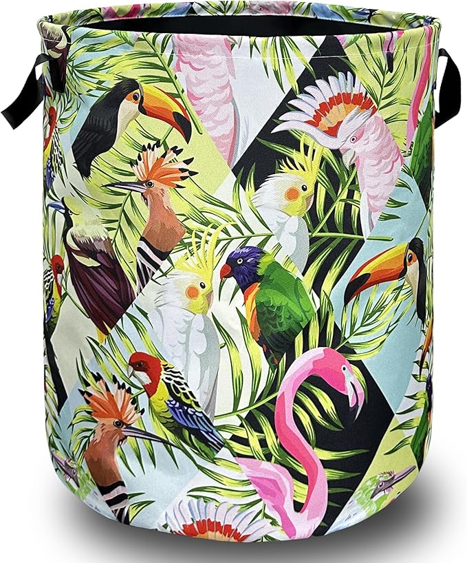 Funny Tropical Birds Laundry Basket Foldable With Handles Tote Bag Oxford Cloth Palm Leaves Laundry Hamper 18.9" x1 6.5" Clothes Storage Bucket Toy Organizer For Bathroom/Laundry/Bedroom